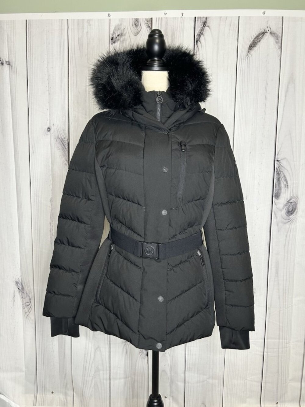 Michael Kors Belted Puffer Coat Womens Sz L Black Faux Fur Hood